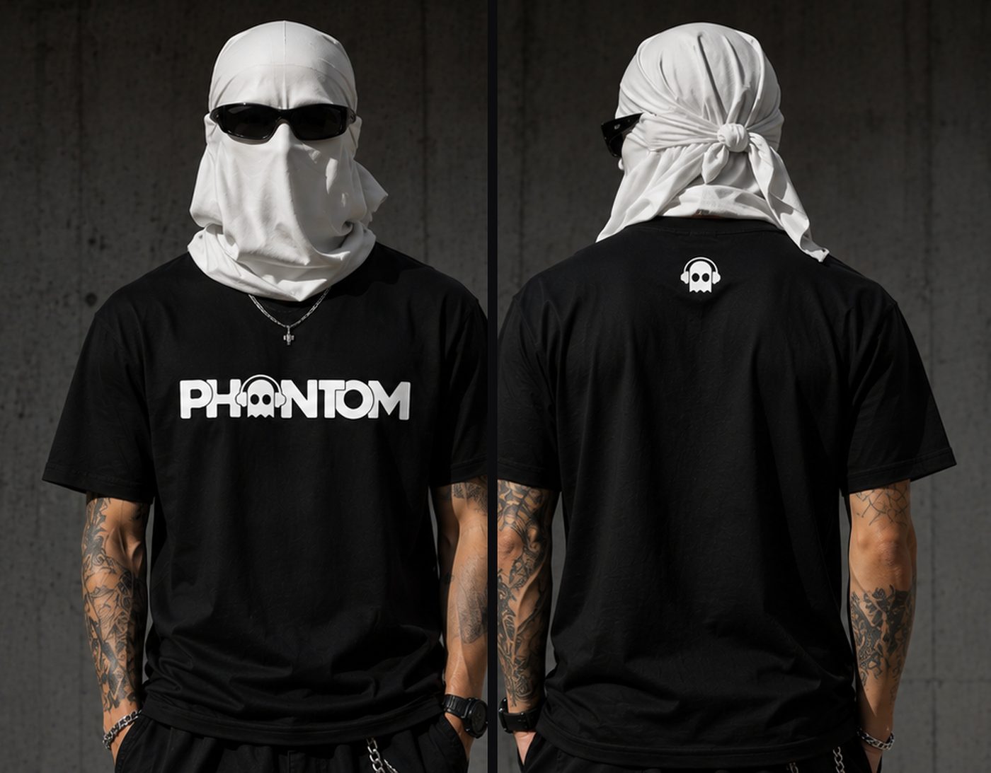 Camiseta preta Phantom Classic T-Shirt, edição limitada Drop #001 da Phantom Unit Records: frente com o logotipo Phantom e costas com o ícone do fantasma